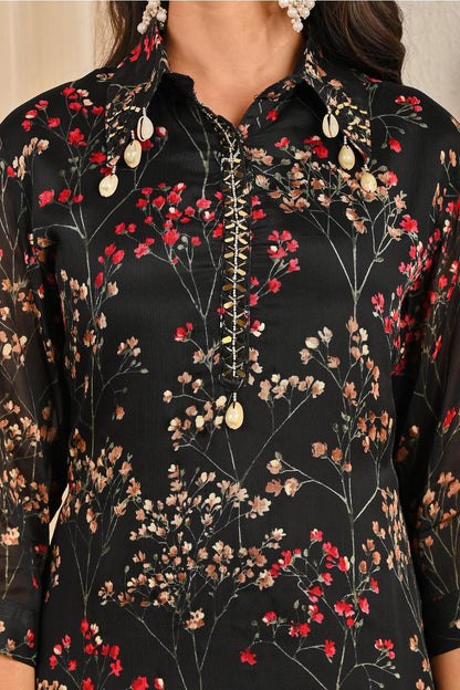 Black Printed Chinon Kurti 2 Pieces Set