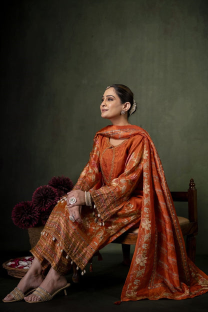 Rust Shimmer Kurti 3 Pieces Set