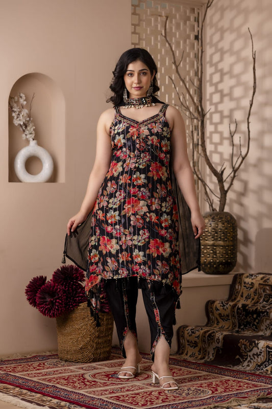 BLACK STRAP KURTI WITH DHOTI AND DUPATTA