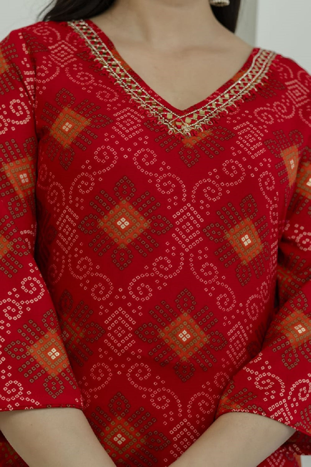 Red Rayon Handwork Straight Cut Kurti