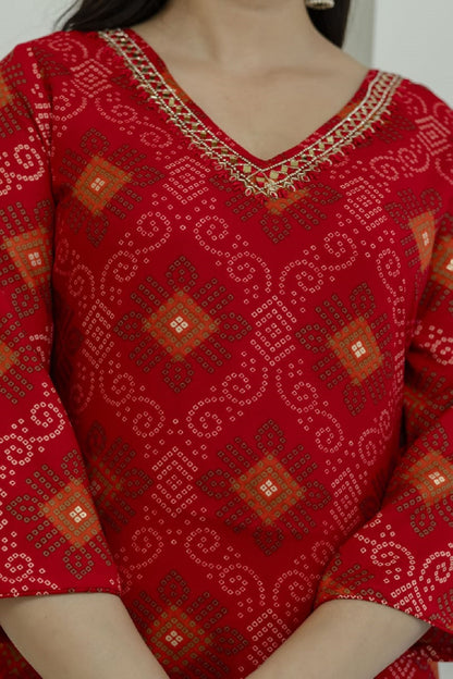 Red Rayon Handwork Straight Cut Kurti