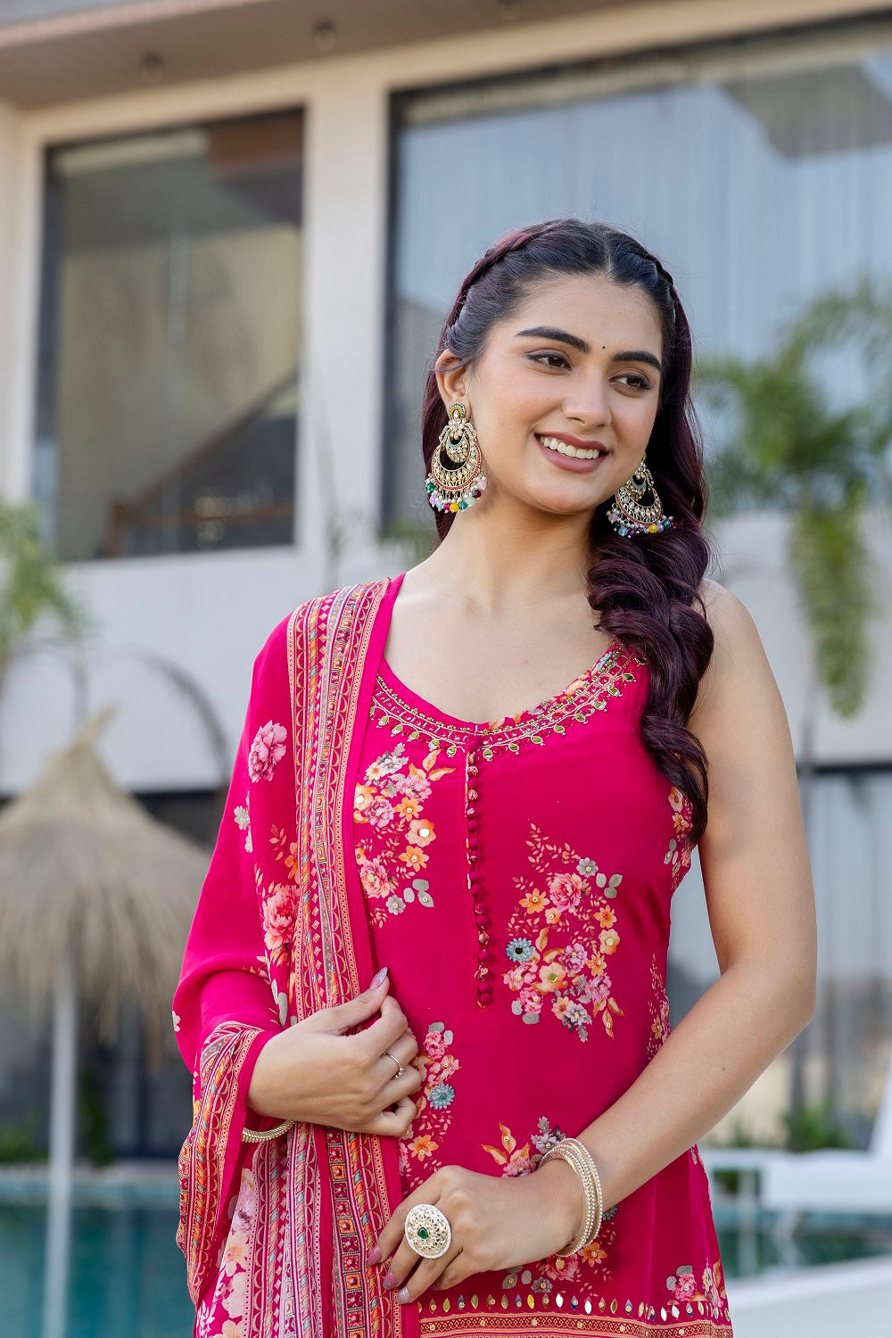 Rani Pink Sharara Kurti 3 Pieces Set