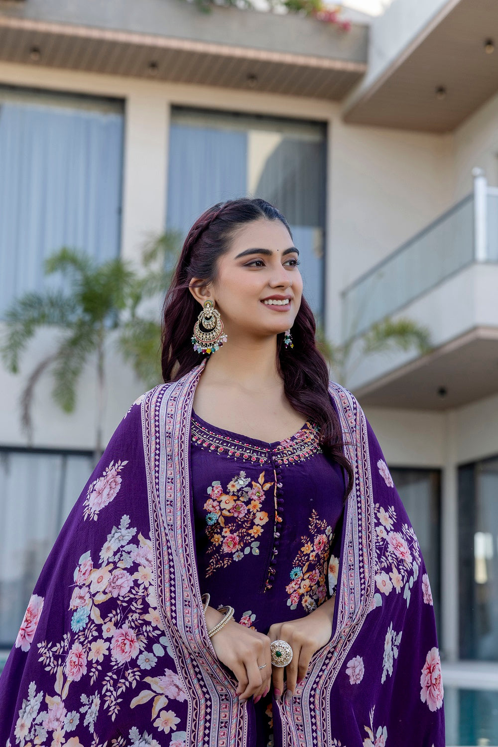 Violet Crepe Sharara Kurti 3 Pieces Set