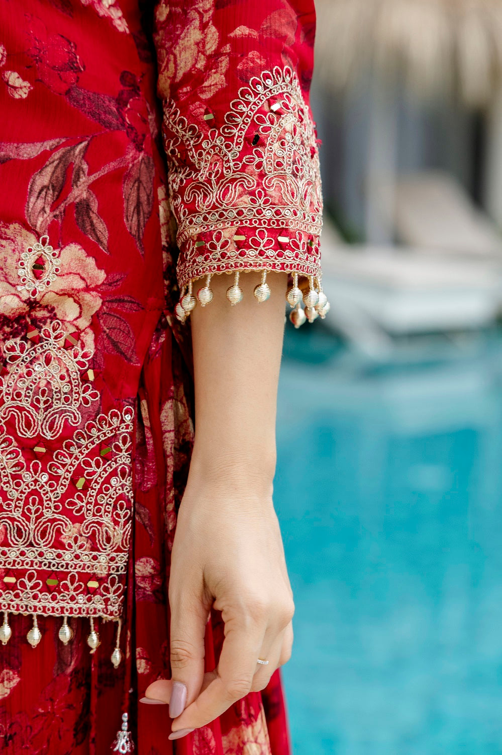 Red Chinon Kurti Skirt 3 Pieces Set