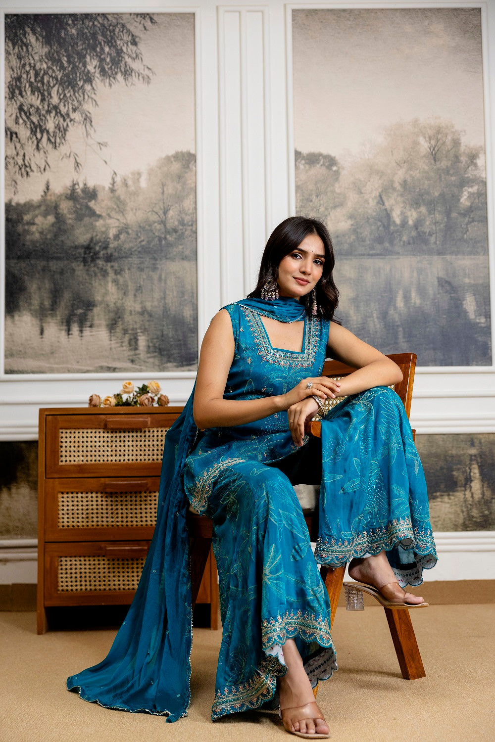 Rama Green Chinon Garara Kurti 3 Pieces Set