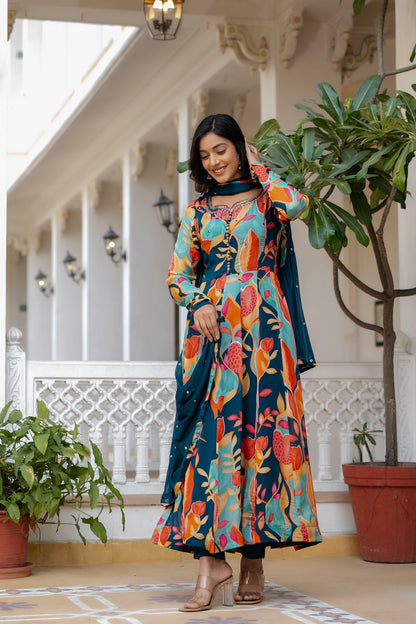 Peacock Blue Frock Kurti Pant Dup Set
