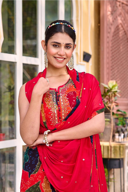 Multi Color Chinon Short Kurti 3 Pieces Set