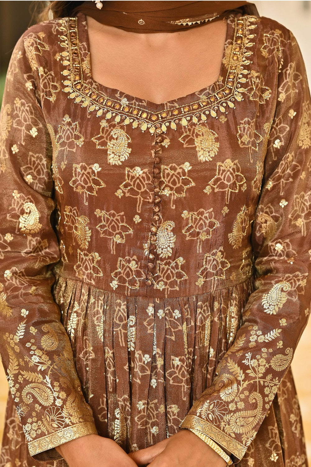 Brown Shimmer Frock Kurti 3 Pieces Set