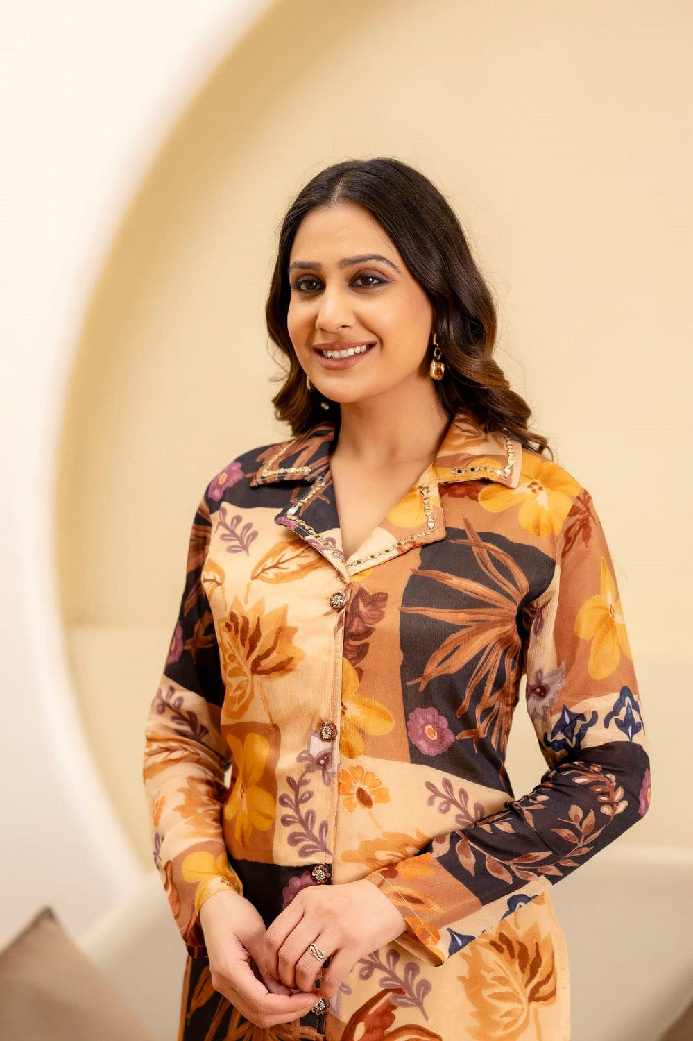 Buff Chinon Printed Kurti 2 Pieces Set