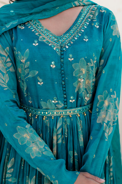 Rama Green Chinon Frock Kurti 3 Pieces Set