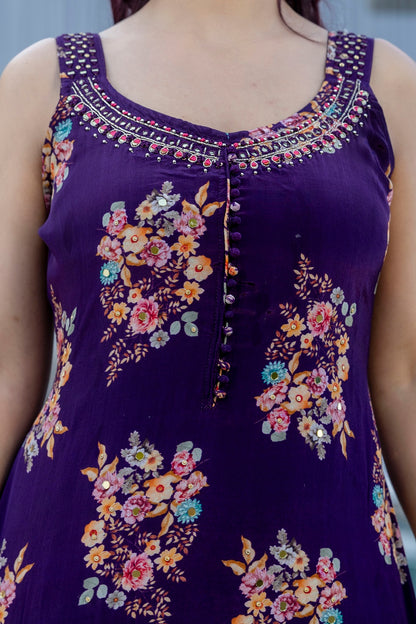 Violet Crepe Sharara Kurti 3 Pieces Set