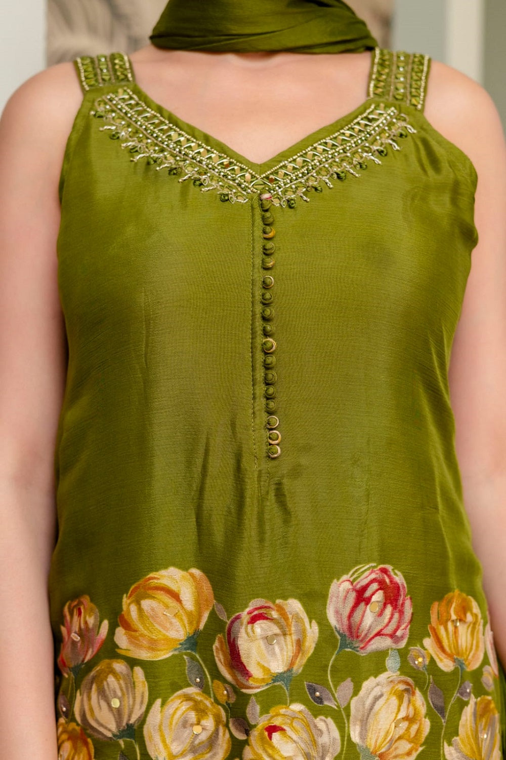 M Green Silk Kurti Sharara 3 Pieces Set