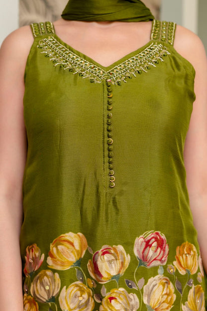 M Green Silk Kurti Sharara 3 Pieces Set