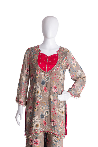Brown Chinon Garara Kurti 3 Pieces Set