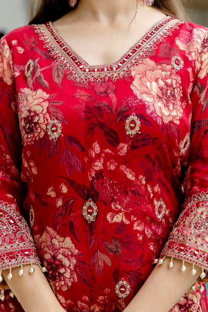 Red Chinon Kurti Skirt 3 Pieces Set