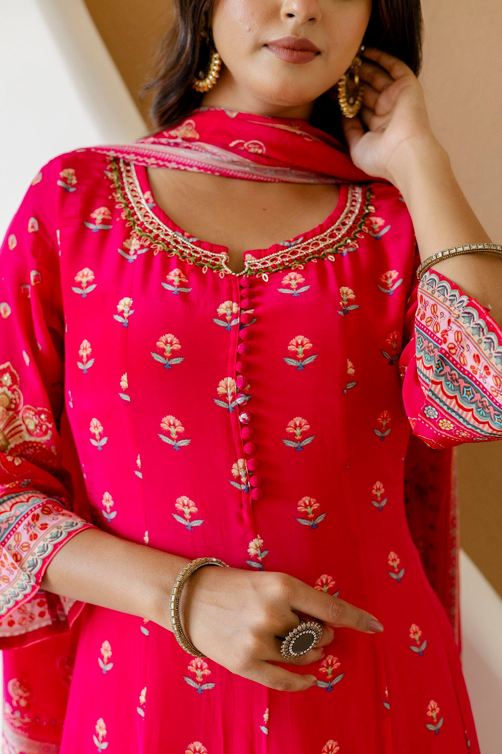 Rani Pink Crepe Frock Kurti 3 Pieces Set