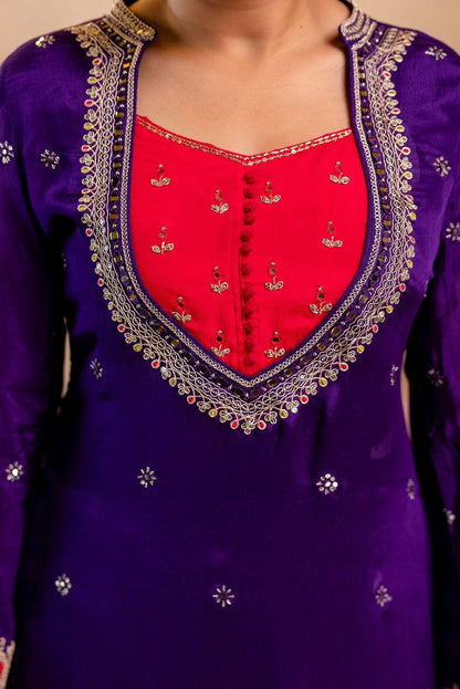 Violet Chinon Kurti Plazo 3 Pieces Set