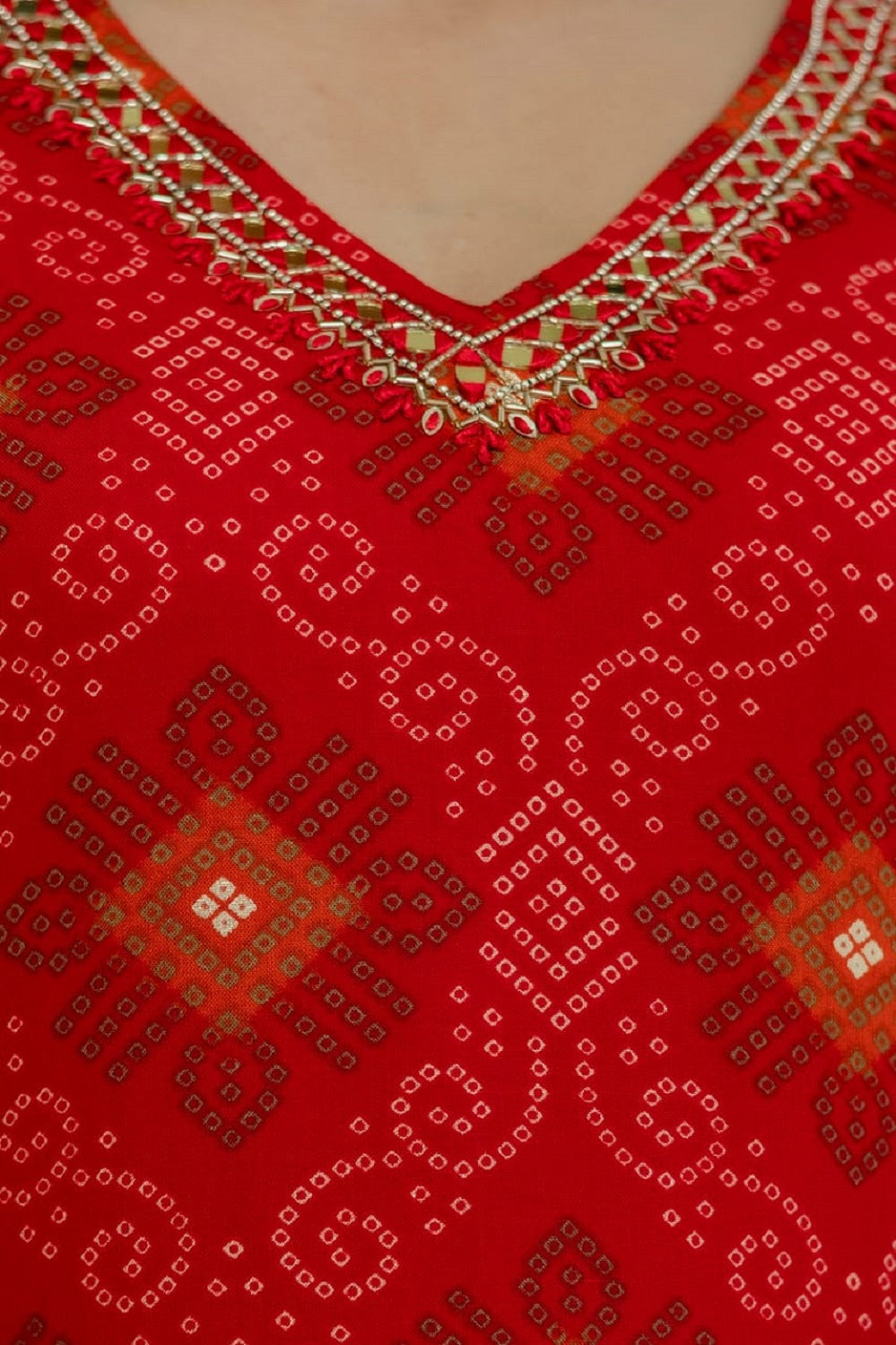 Red Rayon Handwork Straight Cut Kurti