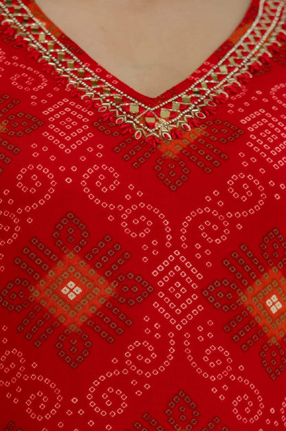 Red Rayon Handwork Straight Cut Kurti