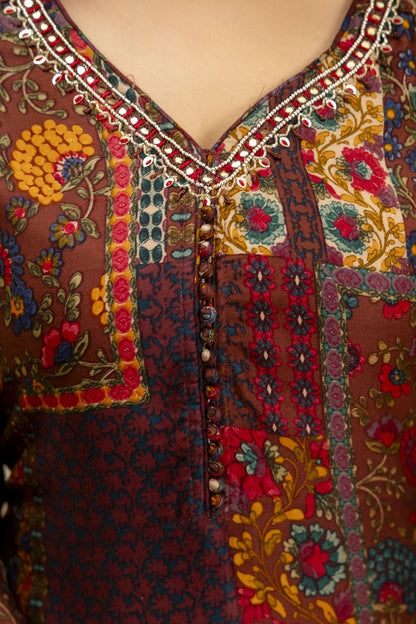 Brown Rayon Printed Straight Kurti