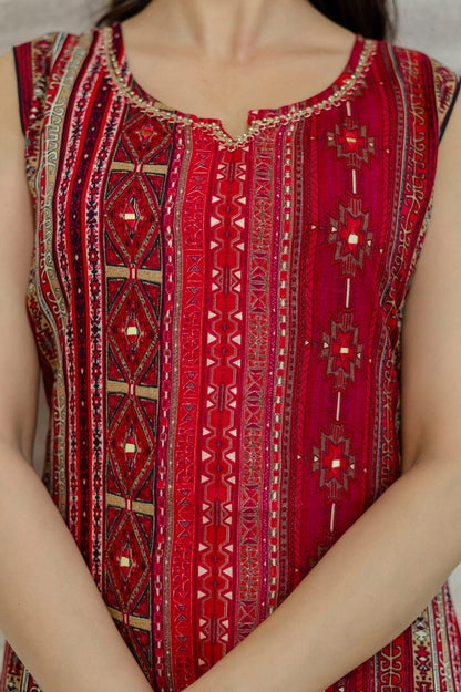 Maroon Rayon Handwork Straight Cut Kurti