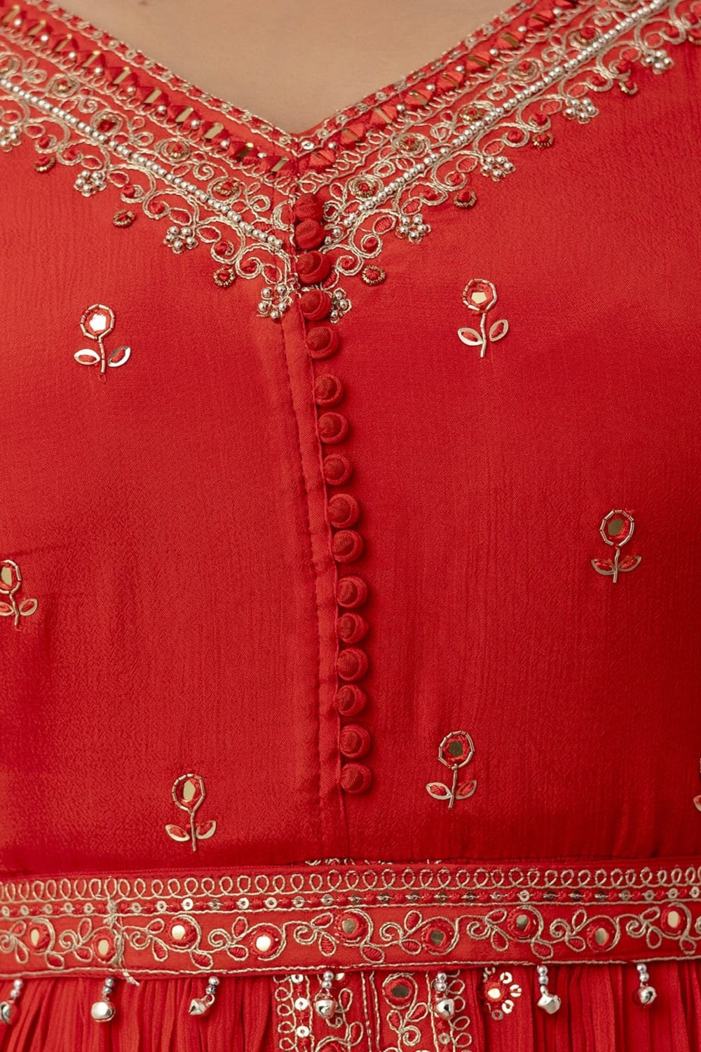 Red Chinon Skirt Kurti 3 Pieces Set