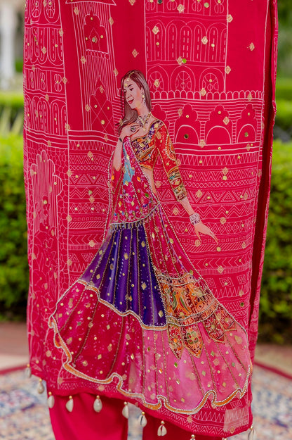 Rani Pink Organza Printed Kurti 3 Pieces Set