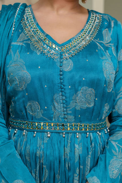 Rama Green Frock Kurti 3 Pieces Set