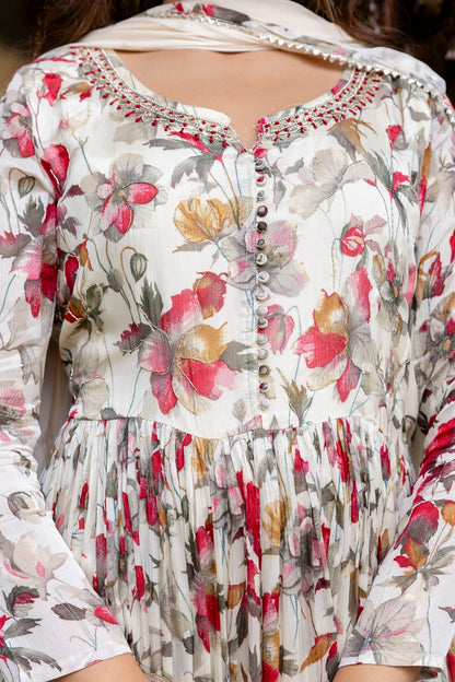 Cream Chinon Frock Kurti 3 Pieces Set