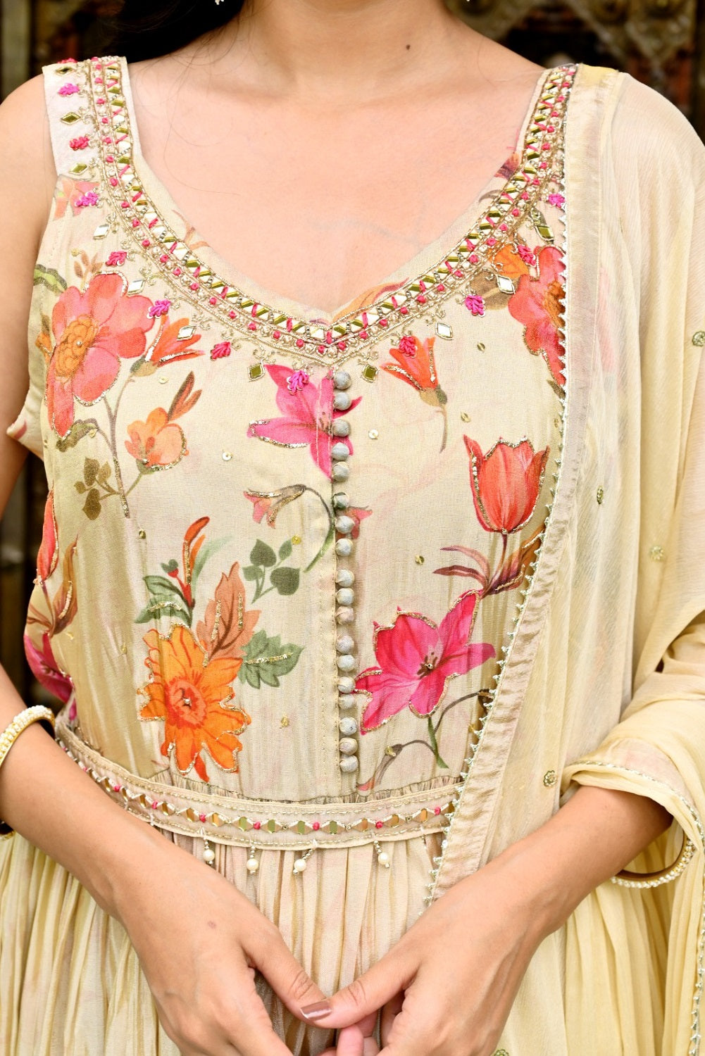Gold Colour Chinon Frock Kurti 3 Pieces Set