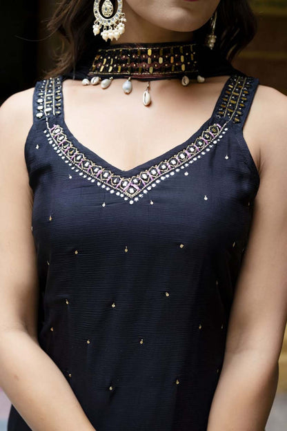 KAIRA BLACK STRAP KURTI WITH DHOTI & DUPATTA SET