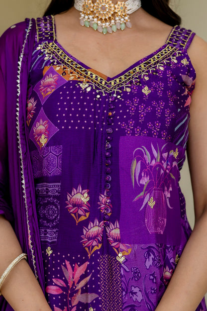 Purple Chinon Skirt Kurti 3 Pieces Set