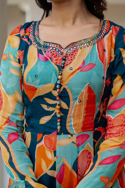 Peacock Blue Frock Kurti Pant Dup Set