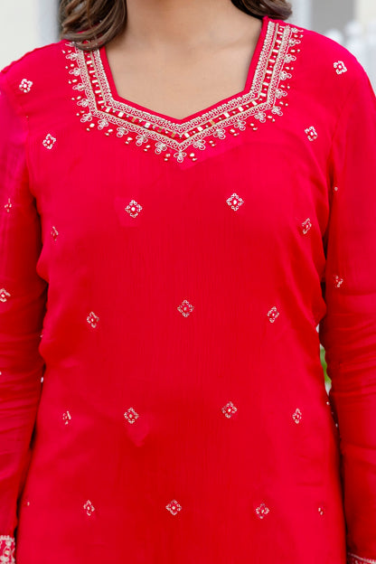 Rani Pink Chinon Skirt Kurti 3 Pieces Set