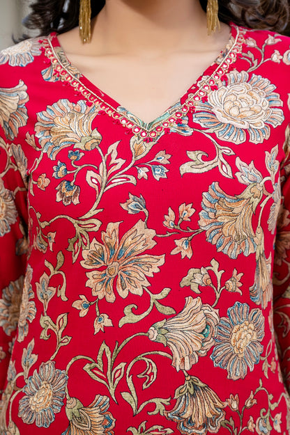 Red Printed Partyqueen Straight Cut Kurti