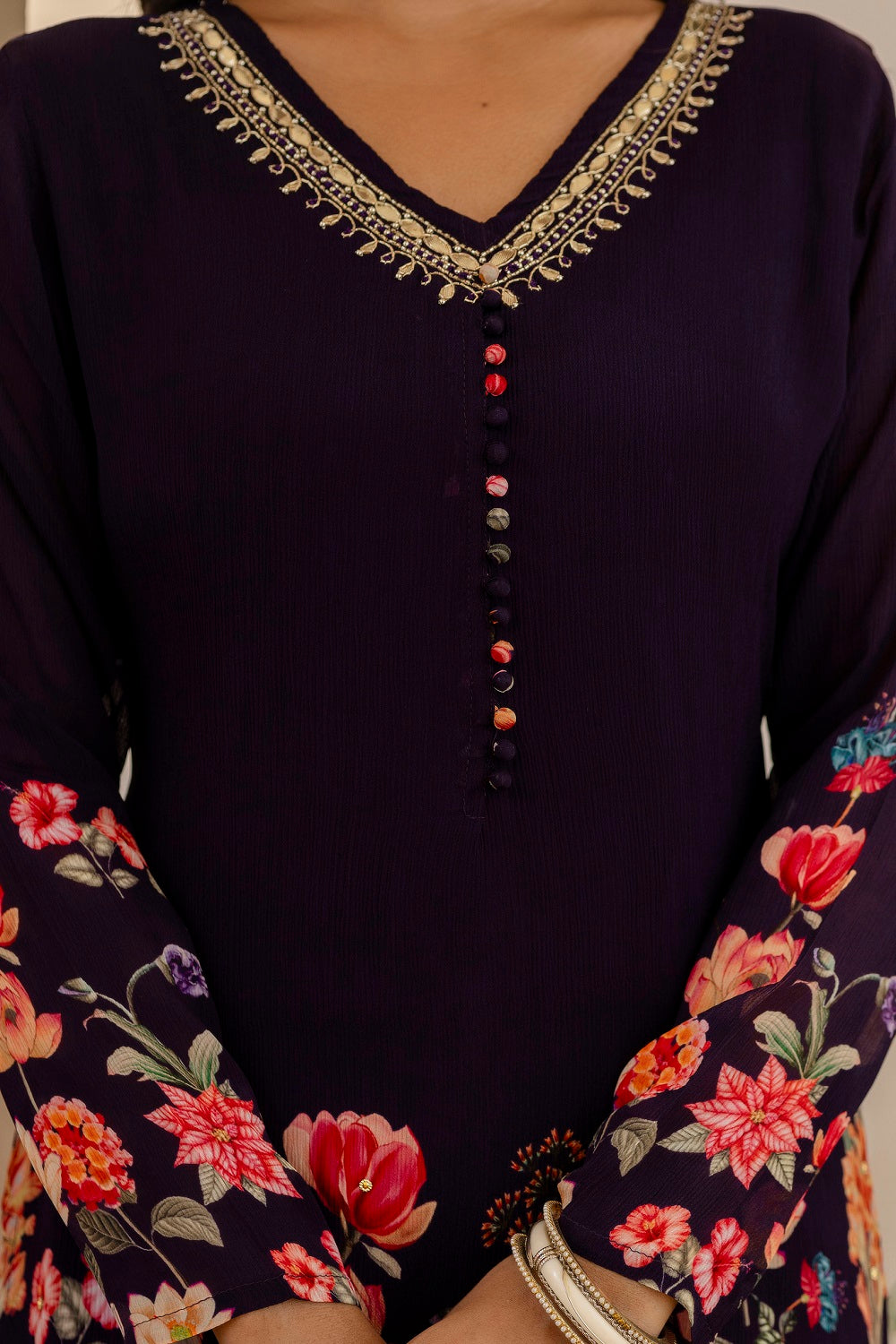 Dark Violet Chinon Short Kurti 3 Pieces Set