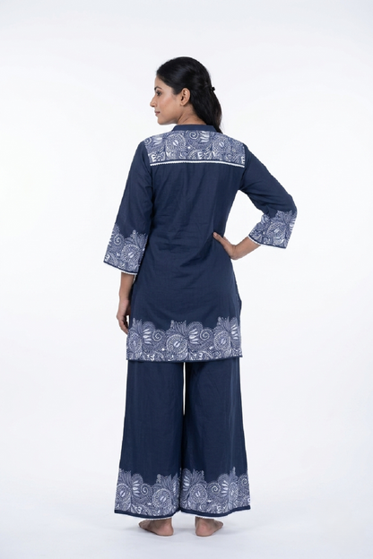 Navy Blue Cotton Printed Kurti Set