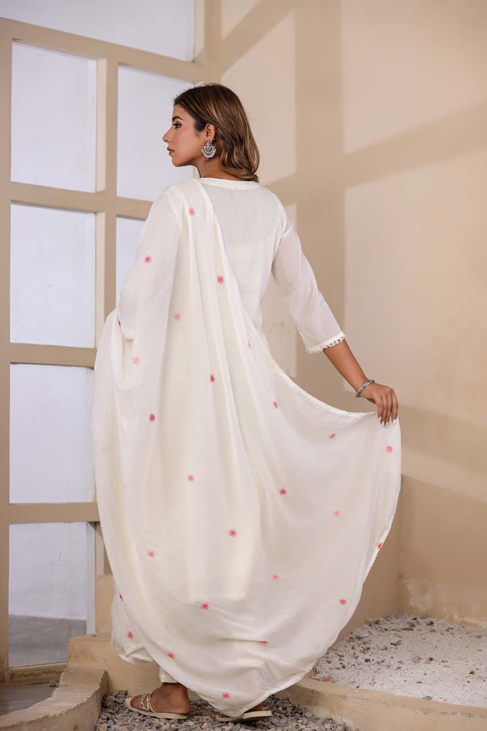 Cream Fabric Mall Cotton Kurti Plazo Dupatta 3Pcs Set