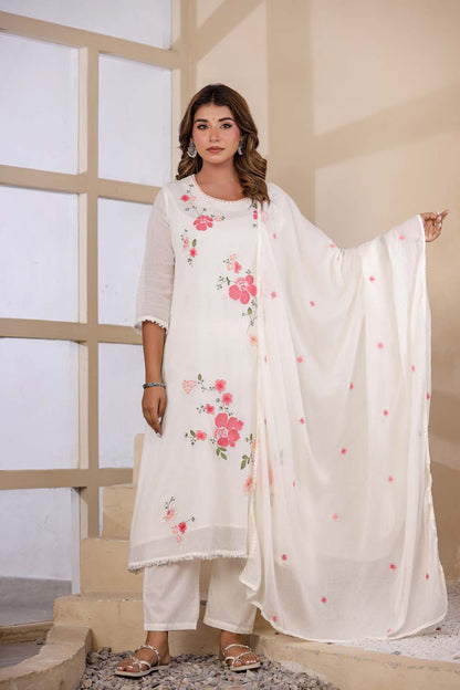 Cream Fabric Mall Cotton Kurti Plazo Dupatta 3Pcs Set