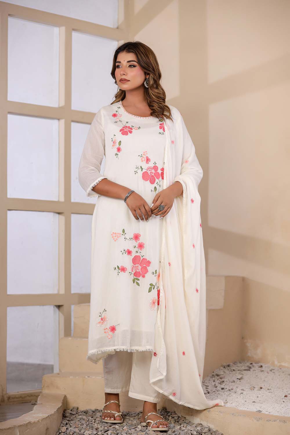 Cream Fabric Mall Cotton Kurti Plazo Dupatta 3Pcs Set