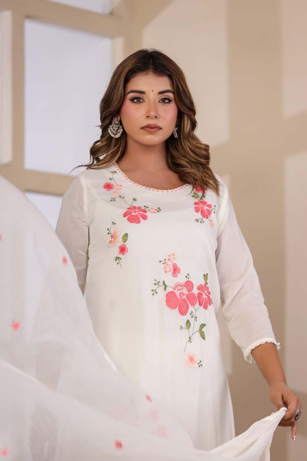 Cream Fabric Mall Cotton Kurti Plazo Dupatta 3Pcs Set