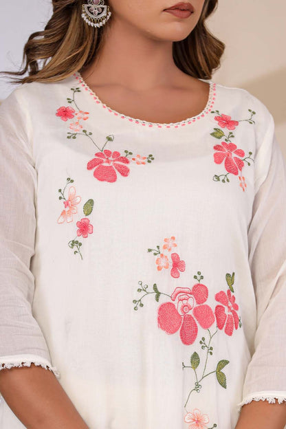 Cream Fabric Mall Cotton Kurti Plazo Dupatta 3Pcs Set