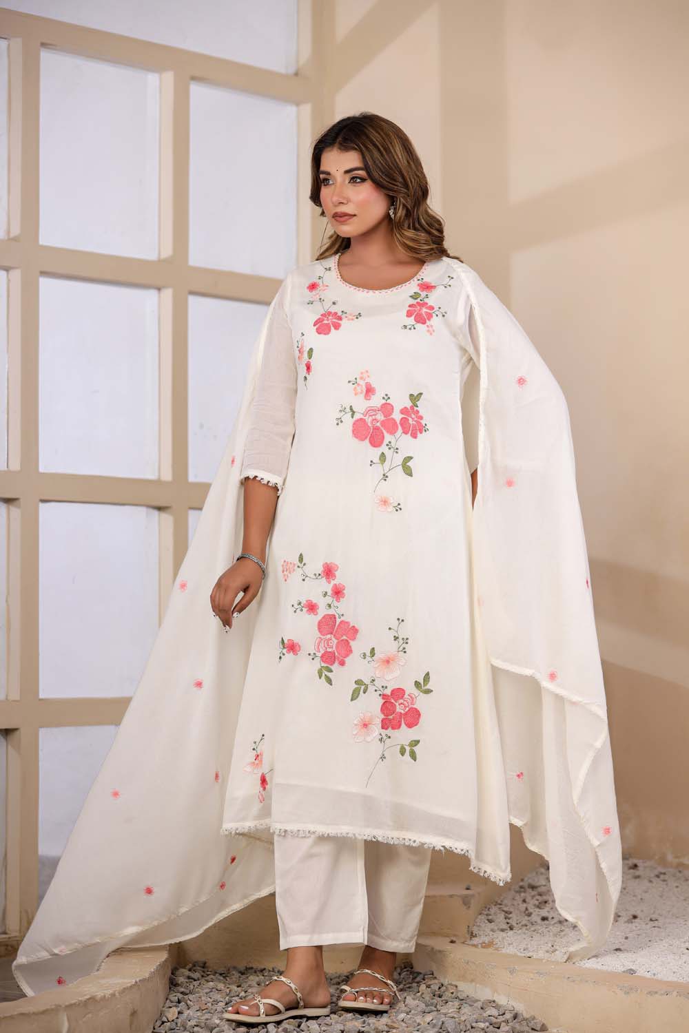 Cream Fabric Mall Cotton Kurti Plazo Dupatta 3Pcs Set