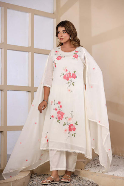Cream Fabric Mall Cotton Kurti Plazo Dupatta 3Pcs Set