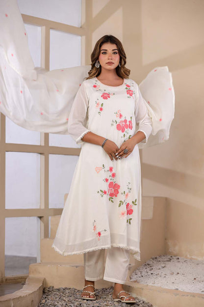 Cream Fabric Mall Cotton Kurti Plazo Dupatta 3Pcs Set