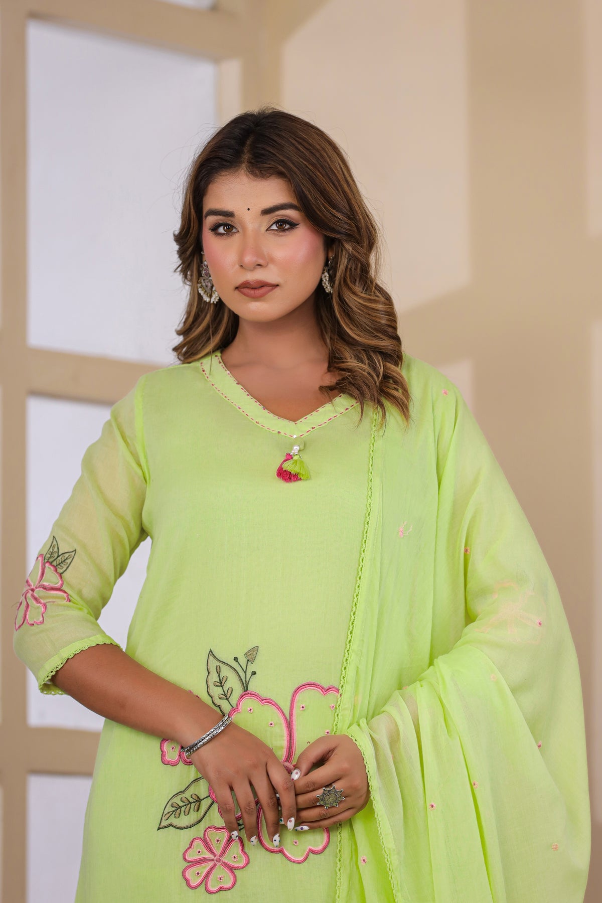 Green Fabric Mall Cotton Kurti Pant Dupatta 3Pcs Set