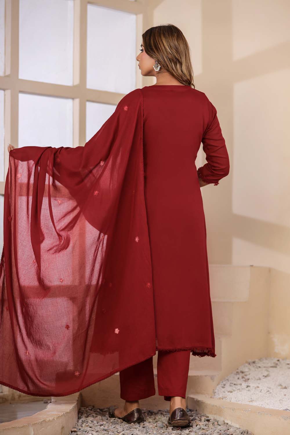 Maroon Fabric Mall Cotton Kurti Plazo Dupatta 3Pcs Set