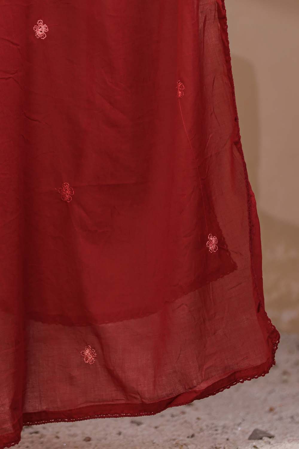 Maroon Fabric Mall Cotton Kurti Plazo Dupatta 3Pcs Set