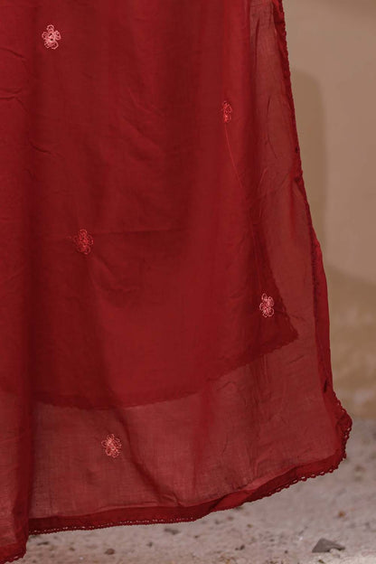 Maroon Fabric Mall Cotton Kurti Plazo Dupatta 3Pcs Set