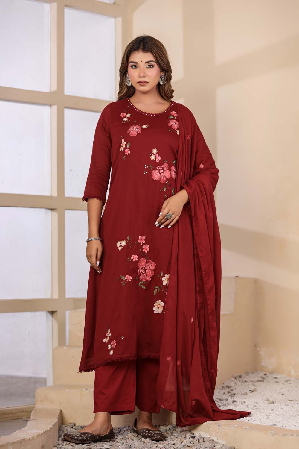 Maroon Fabric Mall Cotton Kurti Plazo Dupatta 3Pcs Set
